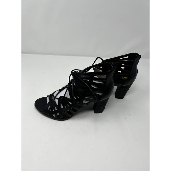 Report Ridley Women's Black Leather Peep Toe Block Heel Gladiator Sandal Size 9 - Picture 4 of 7